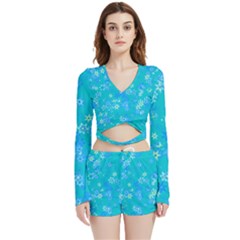 Aqua Blue Floral Print Velvet Wrap Crop Top by SpinnyChairDesigns