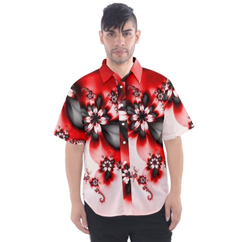 Abstract Red Black Floral Print Men s Short Sleeve Shirt by SpinnyChairDesigns