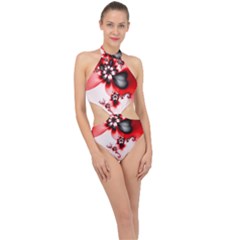 Abstract Red Black Floral Print Halter Side Cut Swimsuit by SpinnyChairDesigns