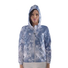 Faded Blue White Floral Print Women s Hooded Windbreaker by SpinnyChairDesigns