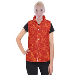 Orange Red Floral Print Women s Button Up Vest by SpinnyChairDesigns