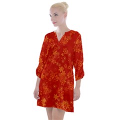 Orange Red Floral Print Open Neck Shift Dress by SpinnyChairDesigns
