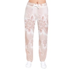 Tan White Floral Print Women Velvet Drawstring Pants by SpinnyChairDesigns