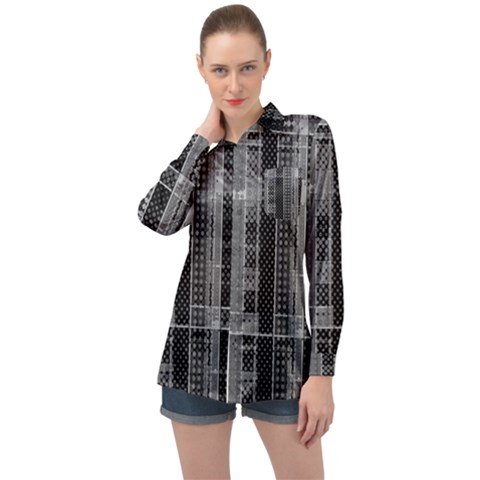 Black Punk Plaid Long Sleeve Satin Shirt by SpinnyChairDesigns