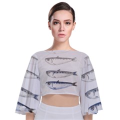 Pencil Fish Sardine Drawing Tie Back Butterfly Sleeve Chiffon Top