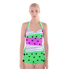 Dots And Lines, Mixed Shapes Pattern, Colorful Abstract Design Boyleg Halter Swimsuit  by Casemiro