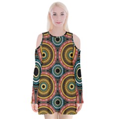 Aztec Multicolor Mandala Velvet Long Sleeve Shoulder Cutout Dress by tmsartbazaar