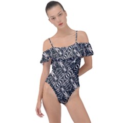 Modern Tribal Silver Ornate Pattern Print Frill Detail One Piece Swimsuit by dflcprintsclothing