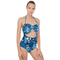 Blue Floral Print  Scallop Top Cut Out Swimsuit by designsbymallika
