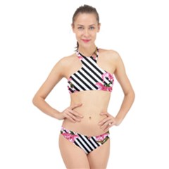 Pink Floral Stripes High Neck Bikini Set by designsbymallika