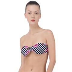 Pink Floral Stripes Classic Bandeau Bikini Top  by designsbymallika