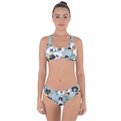 Black White Floral Print Criss Cross Bikini Set by designsbymallika