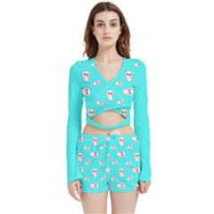 Azure Blue And Crazy Kitties Pattern, Cute Kittens, Cartoon Cats Theme Velvet Wrap Crop Top And Shorts Set by Casemiro