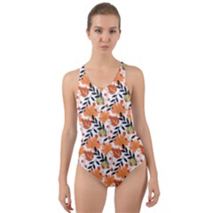 Black Orange Autumn Leaves Pattern Cut-out Back One Piece Swimsuit by designsbymallika