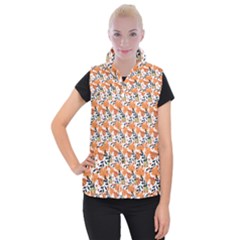 Black Orange Autumn Leaves Pattern Women s Button Up Vest by designsbymallika