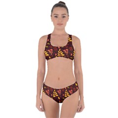 Yellow Green Orange Leaf Pattern Criss Cross Bikini Set by designsbymallika