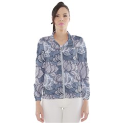 Art Deco Blue And Grey Lotus Flower Leaves Floral Japanese Hand Drawn Lily Women s Windbreaker by DigitalArsiart