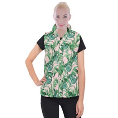 Green Leaves On Pink Women s Button Up Vest