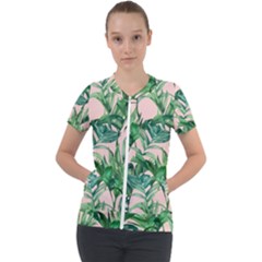 Green Leaves On Pink Short Sleeve Zip Up Jacket by goljakoff