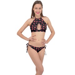 Red Roses Cross Front Halter Bikini Set by designsbymallika