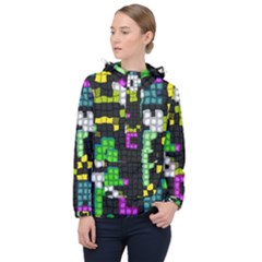 Drawn Squares                                                     Women Hooded Front Pocket Windbreaker by LalyLauraFLM