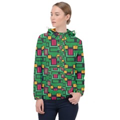 Rectangles On A Green Background                                                        Women Hooded Front Pocket Windbreaker by LalyLauraFLM