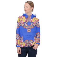 Yellow Red Shapes On A Blue Background                                                          Women Hooded Front Pocket Windbreaker by LalyLauraFLM