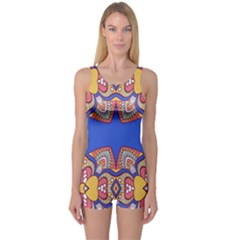 Yellow Red Shapes On A Blue Background                                                          Women s Boyleg One Piece Swimsuit by LalyLauraFLM