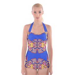 Yellow Red Shapes On A Blue Background                                                                 Boyleg Halter Swimsuit by LalyLauraFLM