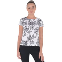 Line Art Black And White Rose Short Sleeve Sports Top  by MintanArt