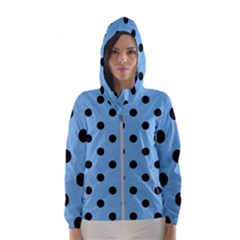 Large Black Polka Dots On Aero Blue - Women s Hooded Windbreaker