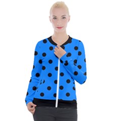 Large Black Polka Dots On Azure Blue - Casual Zip Up Jacket by FashionLane