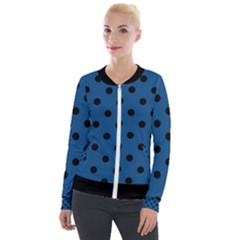 Large Black Polka Dots On Classic Blue - Velvet Zip Up Jacket by FashionLane