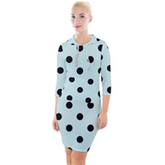 Large Black Polka Dots On Pale Blue - Quarter Sleeve Hood Bodycon Dress