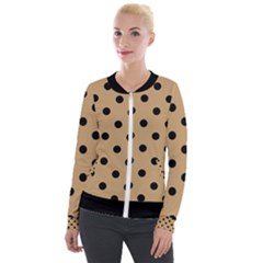 Large Black Polka Dots On Pale Brown - Velvet Zip Up Jacket by FashionLane