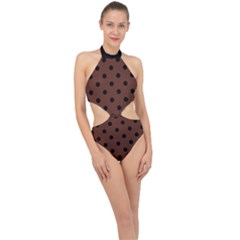 Large Black Polka Dots On Emperador Brown - Halter Side Cut Swimsuit by FashionLane