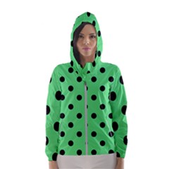 Large Black Polka Dots On Algae Green - Women s Hooded Windbreaker