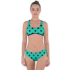 Large Black Polka Dots On Caribbean Green - Criss Cross Bikini Set