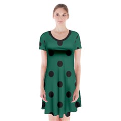 Large Black Polka Dots On Christmas Green - Short Sleeve V-neck Flare Dress