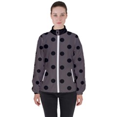 Large Black Polka Dots On Ash Grey - Women s High Neck Windbreaker