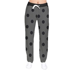 Large Black Polka Dots On Beluga Grey - Women Velvet Drawstring Pants by FashionLane