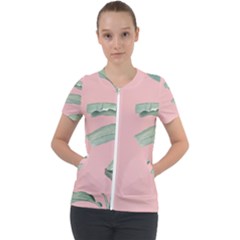 Palm Leaf On Pink Short Sleeve Zip Up Jacket by goljakoff