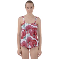 Red Poppy Flowers Twist Front Tankini Set by goljakoff