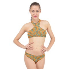 Orange Flowers High Neck Bikini Set by goljakoff