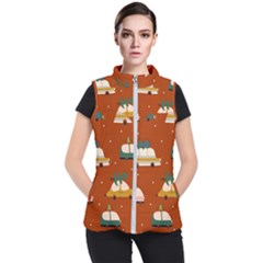 Cute Merry Christmas And Happy New Seamless Pattern With Cars Carrying Christmas Trees Women s Puffer Vest by EvgeniiaBychkova