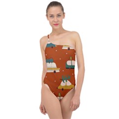 Cute Merry Christmas And Happy New Seamless Pattern With Cars Carrying Christmas Trees Classic One Shoulder Swimsuit by EvgeniiaBychkova