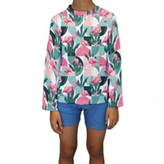 Beautiful Flamingo Pattern Kids  Long Sleeve Swimwear by designsbymallika