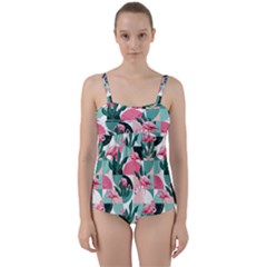 Beautiful Flamingo Pattern Twist Front Tankini Set by designsbymallika