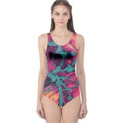 Pink And Turquoise Alcohol Ink One Piece Swimsuit by Dazzleway