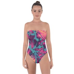Pink And Turquoise Alcohol Ink Tie Back One Piece Swimsuit by Dazzleway